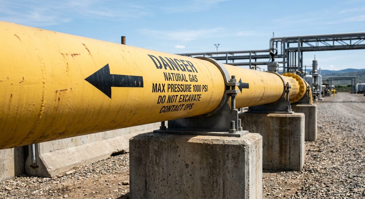 Gelb lackierte Erdgas-Pipeline mit Warnmarkierungen, Richtungs­pfeilen und Druckangabe, montiert auf Beton­stützen unter freiem Himmel — Industrie­anlage für Erdgas­transport