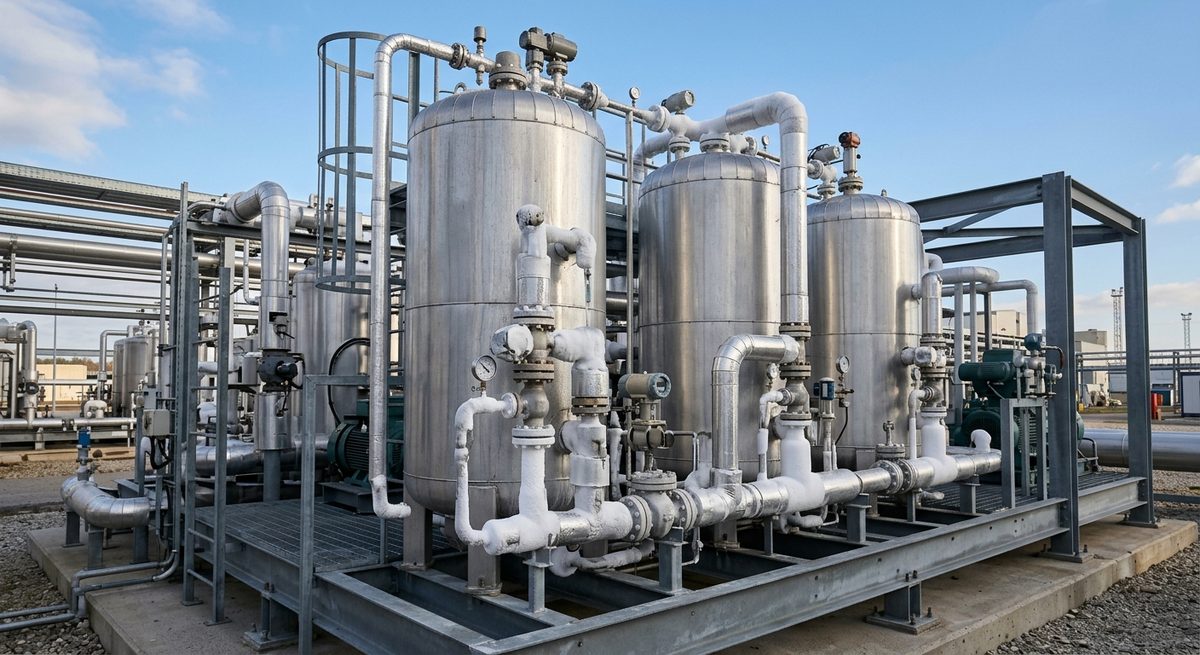 Industrielle Ammoniak- und CO₂-Kälteanlage mit vertikalen Edelstahltanks, isolierter Verrohrung, Ventilen und teils mit Frost überzogenen Leitungen unter blauem Himmel