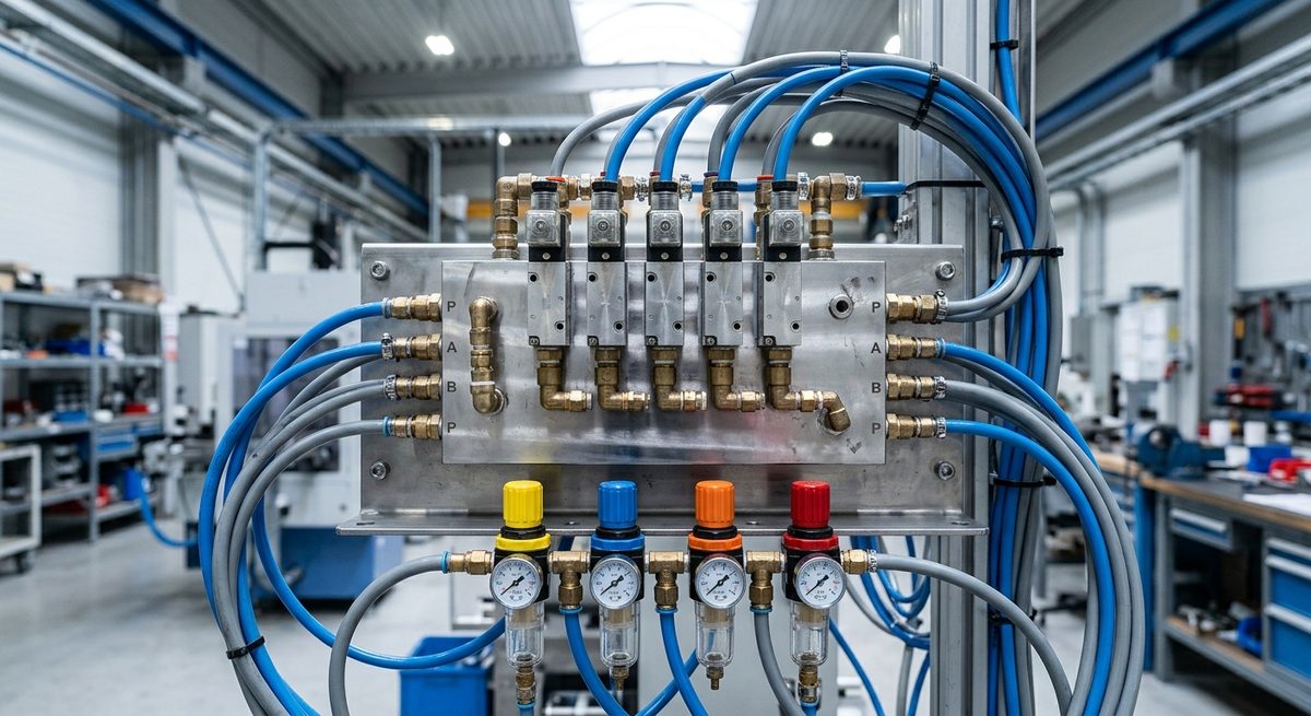 Industrieller pneumatischer Ventilblock mit polierten Edelstahl-Druckluftventilen, Messing-Verschraubungen und blau-grauen, farblich codierten Druckluftschläuchen in einer Werkshalle — typische Anwendung für Druckluft-Leckage­ortung