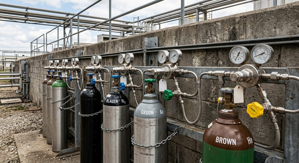 Industrielle Gas­versorgungsstation mit Edelstahl-Druckminderern, Manometern und Hochdruck-Gasflaschen für Stickstoff, Argon und Helium, angekettet an einer Betonwand im Außenbereich