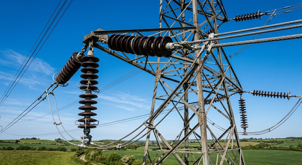 Hochspannungs-Freileitung mit mehreren Porzellan-Isolatoren und Strom­leitern auf einem stählernen Gittermast vor klarem blauem Himmel — Anwendung für Detektion von Teilentladungen und Corona-Effekten