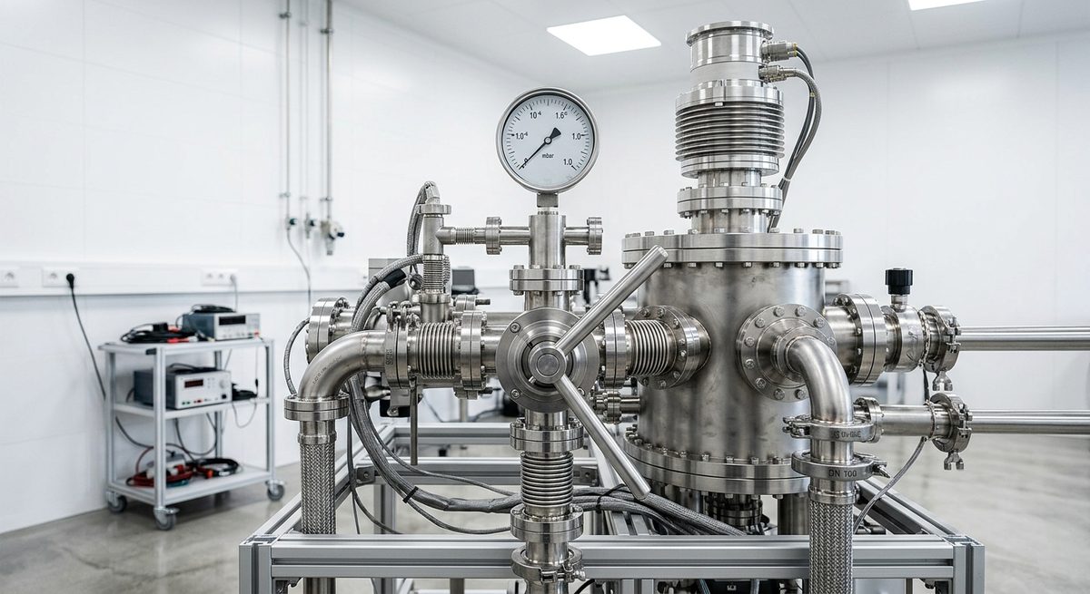 Industrielles Edelstahl-Vakuumsystem mit ISO-K-Flansch­verrohrung, großem Absperr­schieber, Vakuum­messgerät und Turbomolekular­pumpe in einer hellen Laborumgebung